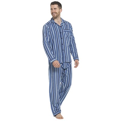 Mens Traditional Stripe Brushed Cotton Pyjama Set in Blue