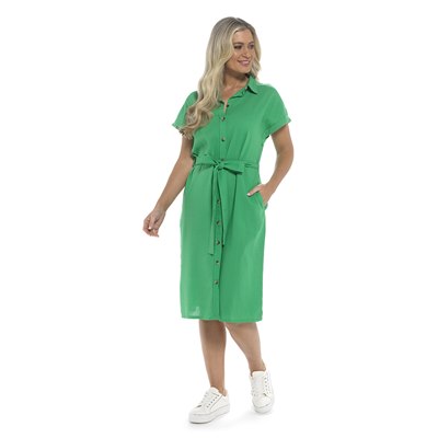 Ladies Linen Blend Button Through Short Sleeve Dress in Green