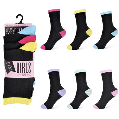 Girls 3 Pack Contrast Heel & Toe Sock