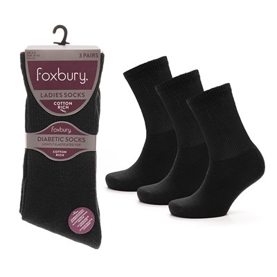 Ladies 3 Pack Black Diabetic Socks