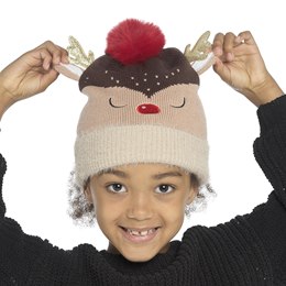 GL1023 Kids Novety Reindeer Xmas Hat with Bobble