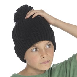 GL1024 Kids Ribbed Beanie Hat with Bobble in Black