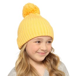 GL1028 Kids Ribbed Beanie Hat with Bobble in Yellow