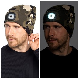 GL1043 Adults Khaki Camo LED Beanie Hat