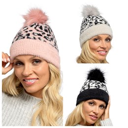 GL1071 Ladies Furry Animal Print Hat with Bobble