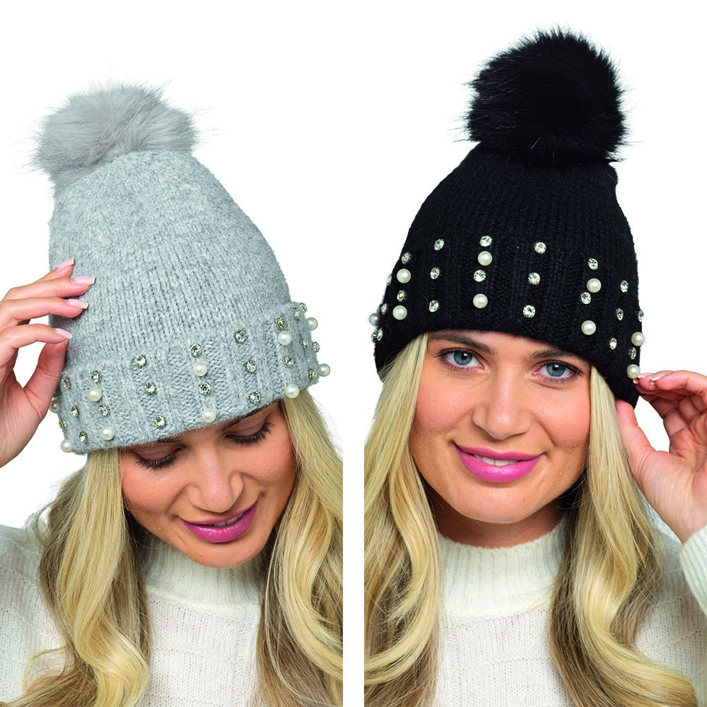 GL1155 Ladies knitted brushed Hat with Diamantes/ Sequins & Pom Pom