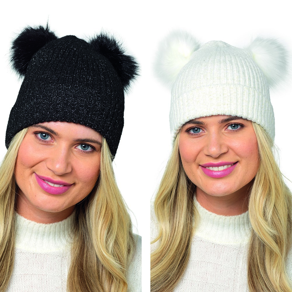 GL1168 Ladies Ribbed Gold Lurex Hat with 2 pompom