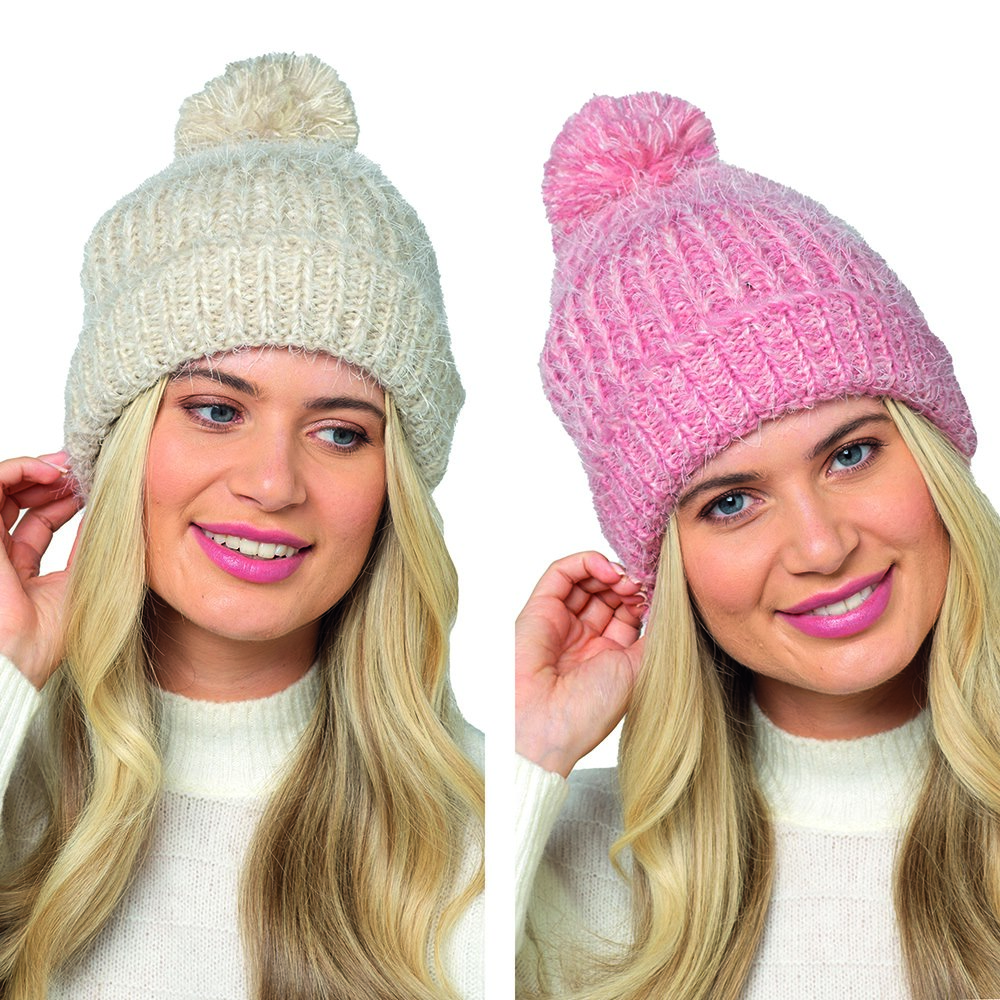 GL1171 Ladies Mohair Cable Hat with fleece lining &  pompom