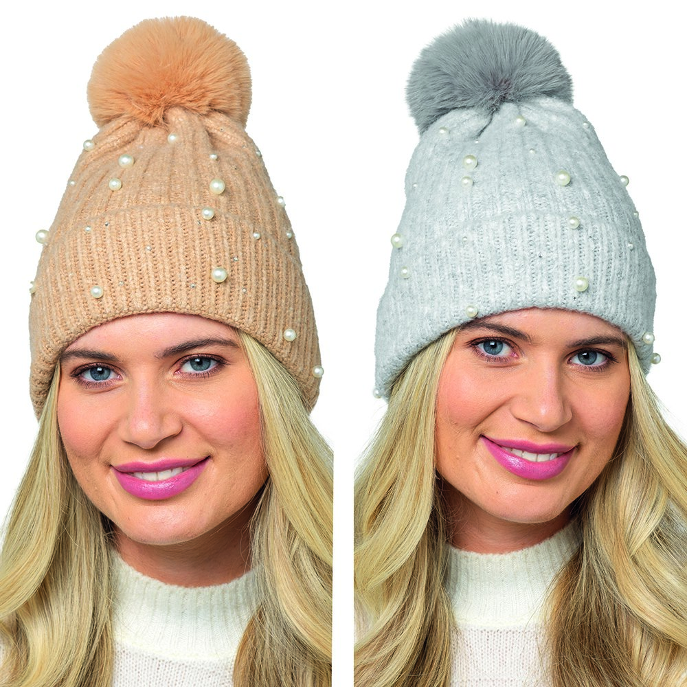 GL1194 Ladies Ribbed Hat with Pearl/ sequin & pompom