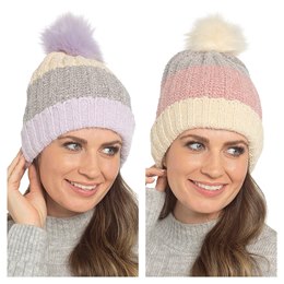 GL1275 Ladies Chenille Ribbed Stripe Hat With Fleece Lining and  Pom Pom