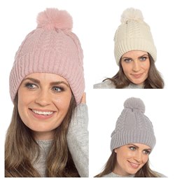 GL1277 Ladies Cable Hat With Fleece Lining and Pom Pom