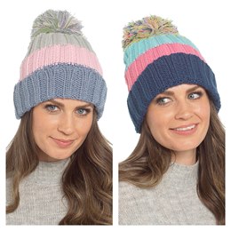 GL1280 Ladies Knitted Stripe Beanie Hat with Sherpa Lining  and Pom Pom