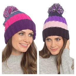 GL1281 Ladies Knitted Stripe Beanie Hat with Sherpa Lining and Pom Pom