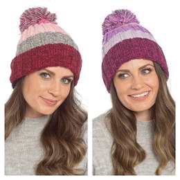 GL1282 Ladies Knitted Twist Yarn Stripe Beanie Hat with Sherpa Lining and Pom Pom