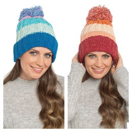 GL1283 Ladies Waterproof Knitted Twist Yarn Stripe Beanie Hat with Sherpa Lining
