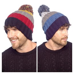 GL1290 Mens Knitted Stripe Beanie Hat with Sherpa Lining and Bobble