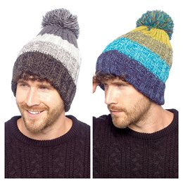 GL1292 Mens Waterproof Knitted Stripe Beanie Hat with Sherpa Lining and Bobble