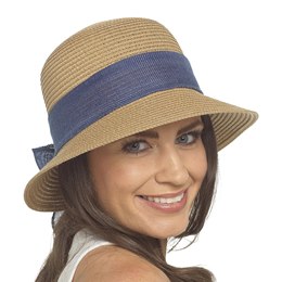 GL1323 Ladies Tan Cloche Hat With Blue Bow Trim
