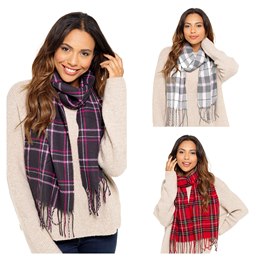 GL581A Ladies's Check Scarf with Tassel - 176cm x 27cm + 10cm x 2