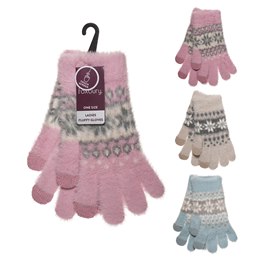 GL862B Ladies Fairisle Print Fluffy Gloves with Touch Screen