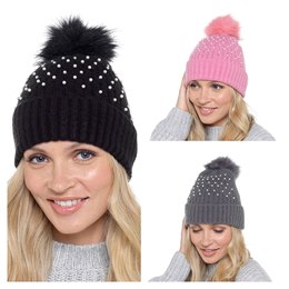 GL896 Ladies Rib Hat with Pearls & Bobble