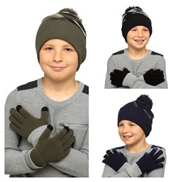 GL907 Boys Camo Print Knitted Bobble Hat & Glove Set
