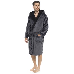 HT009 Men's Flannel Fleece Hooded Robe with Sherpa Lined Hood & Lapel