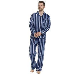 HT021 Mens Traditional Stripe Brushed Cotton Pyjama Set in Navy