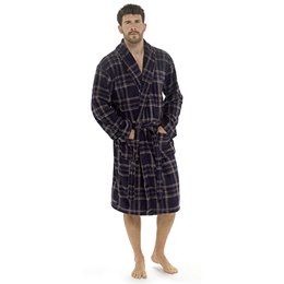 HT027 Mens Flannel Fleece Shawl Collar Check Dressing Gown - Navy Check