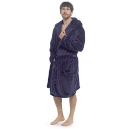 HT046 Mens Supersoft Flannel Fleece Hooded Robe - Navy