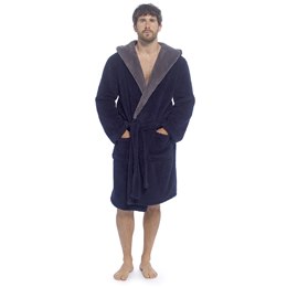 HT049 Mens Hooded Sherpa Fleece Robe with Grey  Hood Lining - Black/Charcoal