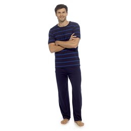 HT072 Mens Yarn Dyed Stripe Jersey Short Sleeve Pyjama Set - Navy