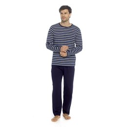 HT074 Mens Yarn Dyed Stripe Jersey Long Sleeve Pyjama Set - Navy & Blue