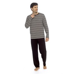 HT075 Mens Yarn Dyed Stripe Jersey Long Sleeve Pyjama Set - Black & Charcoal