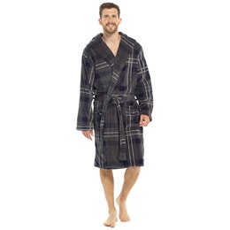 HT278 Men's Foxbury Coral  Fleece Check Hooded Robe  - Charcoal Check