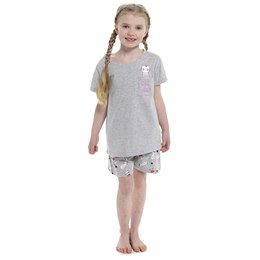 LN021 Kids Follow That Dream Grey Cat Pocket Top & Short PJ Set - Grey/Print-