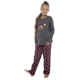 LN040 Kids Jersey Front Print Top & AOP Print Pants with Scrunchie - Charcoal  -