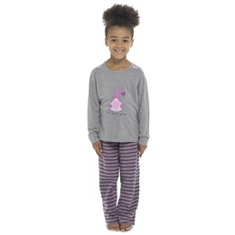 LN048 Kids Novelty Printed PJ Set Jersey Top Mico Fleece Bottoms - Grey/Stripe -