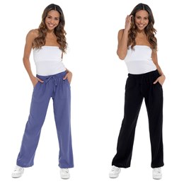LN1140 Ladies Elasticated Linen Blend Trouser in Black & Denim Blue