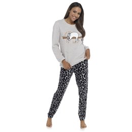 Foxbury Womens Grey Cat Print Long Jersey Top Nightwear Pyjamas 