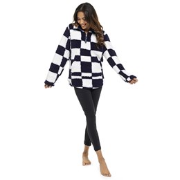 LN1499 Ladies Check Print Fleece Zip Up Lounge Top in Navy