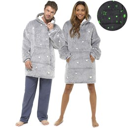 LN1519 Adults Glow In The Dark Hooded Blanket- Grey Stars - One Size