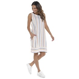 LN1526 Ladies Indigo Roc Round Neck Yarn Dyed Stripe Linen Blend Dress