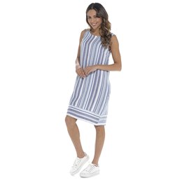 LN1530 Ladies Indigo Roc Round Neck Yarn Dyed Stripe Linen Blend Dress