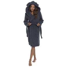 LN1674 Ladies Cockapoo Sherpa Hooded Knee Length Gown with Ears - Charcoal