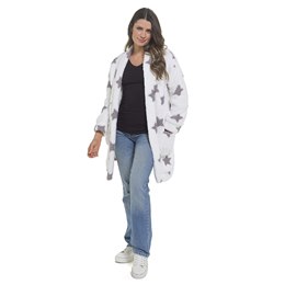 LN1702 Ladies Sherpa Fluffy Fleece Edge to Edge Cardigan - White with Grey Stars