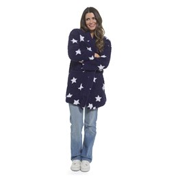 LN1703 Ladies Sherpa Fluffy Fleece Edge to Edge Cardigan - Navy with White stars