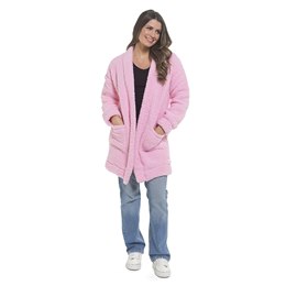 LN1704 Ladies Sherpa Fluffy Fleece Edge to Edge Cardigan - Pink