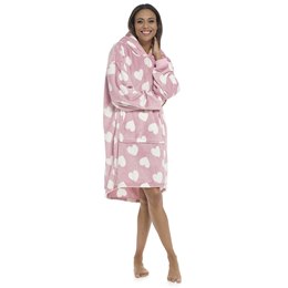 LN325 Adults Heart Print Longer Length Snuggle Hoodie - Single Layer - Pink