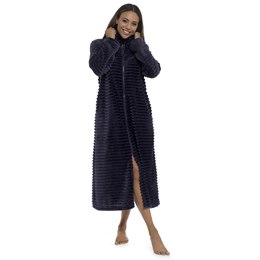 LN333 Ladies Zip Through Ribbed Fleece Gown - Navy